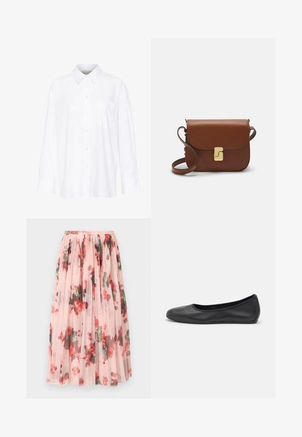 Biela košeľa s dlhým rukávom a golierom vyrobená z bavlny. Má zapínanie na gombíky vpredu a jednu náprsníku vrecko. Hladká textúra, voľný strih.; Tylová sukňa s jemne ružovým základom, zdobená kvetinovým vzorom v červenej a zelenej farbe. Tkanina je priesvitná s nazhromaždenými skladmi na páse.; Čierne kožené baleríny s okrúhlou špičkou, hladkým povrchom, minimálnym prešívaním a flexibilným dizajnom podrážky.; Hnedá kožená kabelka s klopou, zlatými kovovými prvkami, ramenným popruhom a hladkým povrchom. Kompaktný obdĺžnikový tvar.