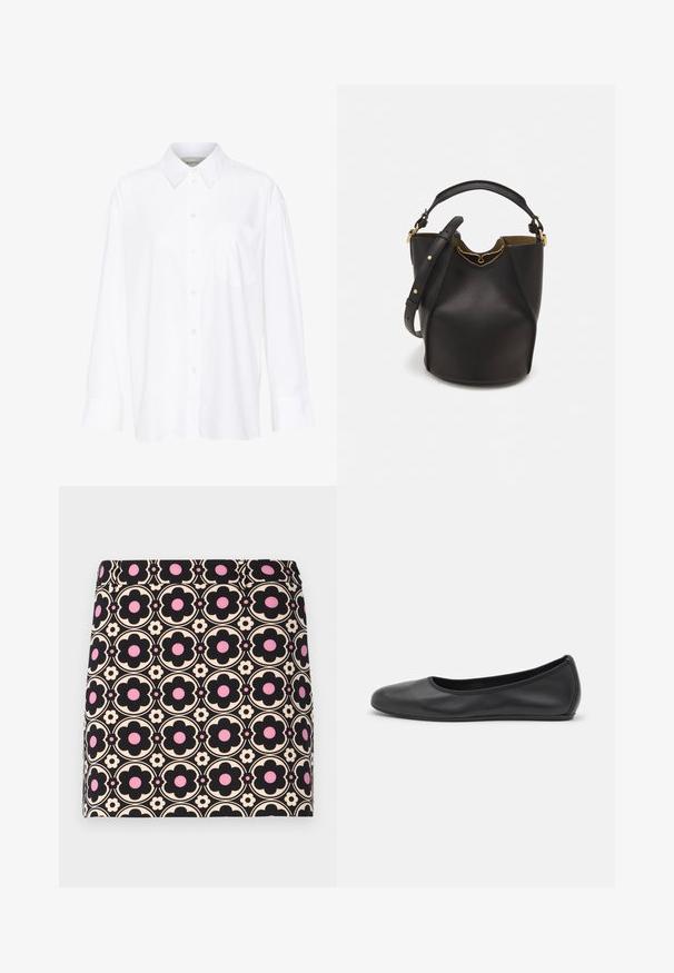 Bílá košile s dlouhým rukávem a límečkem vyrobená z bavlny. Má knoflíkovou přední část a jedno kapsičku na prsou. Hladký povrch, volný střih.; Černá mini sukně s opakujícím se květinovým vzorem v černé, růžové a krémové barvě. Hladká textura s přiléhavým střihem a elastickým pasem.; Černé kožené baletní byty s kulatou špičkou, hladkou texturou, minimálními švy a flexibilním designem podrážky.; Černá kožená kabelka ve tvaru vědra s texturovaným povrchem, zlatými kovovými akcenty a otevřeným vrchem. Obsahuje krátkou rukojeť a nastavitelný ramenní popruh.