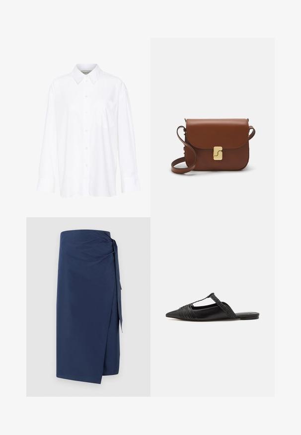 Camisa blanca de manga larga y cuello hecha de algodón. Presenta un cierre de botones en la parte delantera y un bolsillo en el pecho. Textura suave, ajuste relajado.; Falda envolvente de color azul marino, fabricada en un tejido suave, con un detalle de lazo, corte recto y un ligero efecto de drapeado para añadir textura.; Zapato de piel negra tipo slingback con punta afilada, que presenta un detalle trenzado y un diseño superior plisado. Suela plana con hardware mínimo.; Bolso de mano de cuero marrón con cierre de solapa, herrajes en tono dorado, correa para el hombro y una textura suave. Forma rectangular compacta.