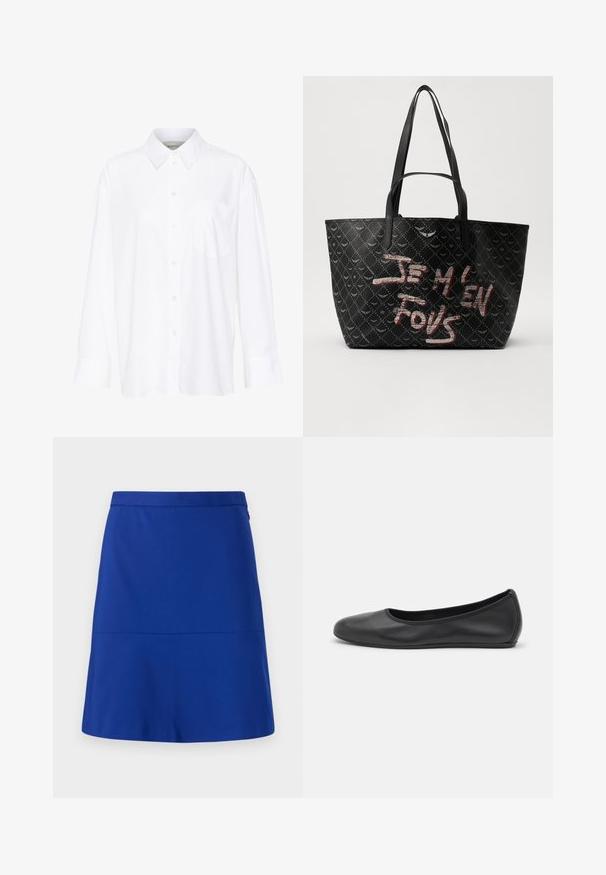 Biała, długosleeve'owa koszula z kołnierzykiem, wykonana z bawełny. Posiada zapięcie na guziki z przodu oraz jedną kieszeń na piersi. Gładka tekstura, luźny krój.; Niebieska spódnica wykonana z gładkiego materiału, z wyraźnym paskiem w talii i prostym, rozkloszowanym krojem bez zdobień czy wzorów.; Czarne skórzane baletki z zaokrąglonym noskiem, gładką fakturą, minimalnymi przeszyciami i elastycznym designem podeszwy.; Czarna torba tote z teksturowanym materiałem, ozdobiona wzorem w diamenty, z ramiączkami na ramię oraz wyraźnym tekstem w kolorze czerwonym i białym, brzmiącym "JE M'EN FOUS."