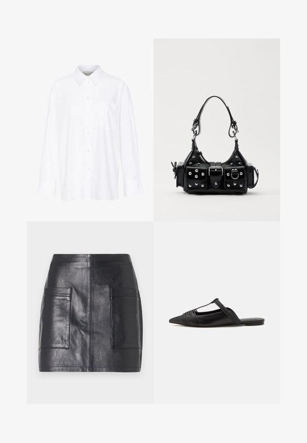 Biała, długosleeve'owa koszula z kołnierzykiem, wykonana z bawełny. Posiada zapięcie na guziki z przodu oraz jedną kieszeń na piersi. Gładka tekstura, luźny krój.; Czarna skórzana mini spódnica z dwoma bocznymi kieszeniami, gładką teksturą, dopasowanym krojem i prostymi liniami bez dodatkowych ozdób.; Czarny skórzany but na odkrytej pięcie z pointed toe, ozdobiony plecionym akcentem i plisowanym wzorem górnej części. Płaska podeszwa z minimalnymi elementami.; Czarna skórzana torebka w zakrzywionym kształcie, z srebrnymi ćwiekami, klamrą i dwoma bocznymi kieszeniami. Regulowany pasek umożliwiający różne opcje noszenia.
