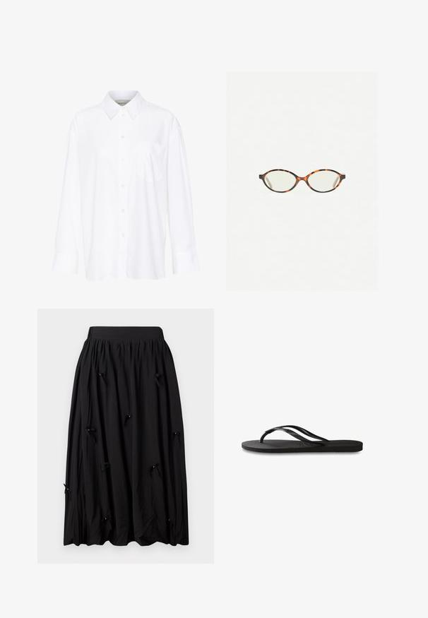 Fehér, hosszú ujjú, galléros ing, amely pamutból készült. Gombos elülső része és egyetlen mellzsebe van. Simított textúra, laza szabás.; Fekete szoknya puha anyagból, összegyűrt derékrésszel, térd hosszúságú kialakítással, és kis masnikkal, amelyeknél gyöngyök találhatók a szoknya mentén.; Fekete papucs texturált gumitalppal, két vékony pánttal és finom, domború logóval a pánton.; Tortábar színű szemüveg ovális lencsékkel és sima, elegáns felülettel. Vékony szárakkal rendelkezik, amelyeken finom ív található a halántéknál. Átlátszó lencsék.