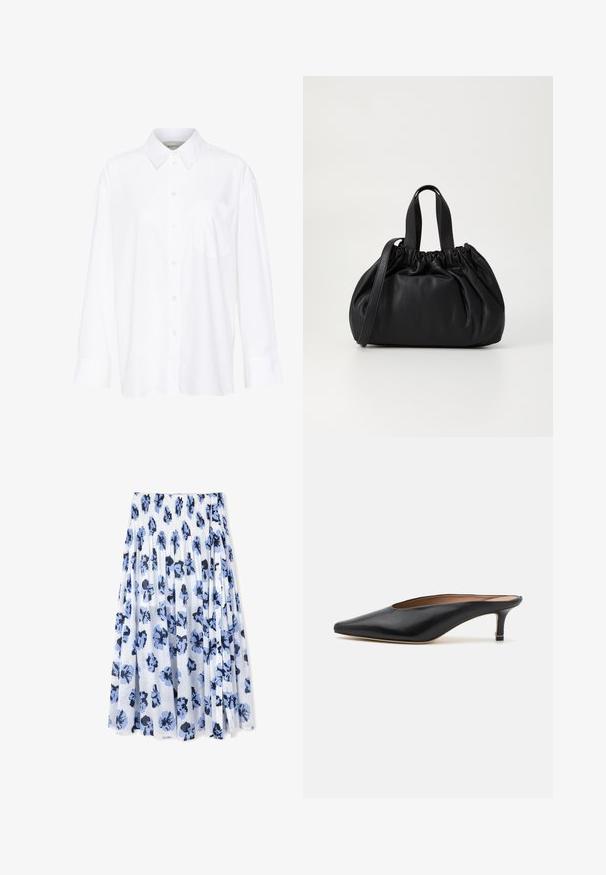 Witte lange mouwen overhemd met kraag van katoen. Voorzien van een knoopsluiting aan de voorkant en een enkele borstzak. Een gladde textuur en een ontspannen pasvorm.; Een geplooide rok gemaakt van lichtgewicht stof, met een witte achtergrond en blauwe bloemenpatronen met donkere accenten.; Zwarte leren muiltjes met een puntige neus en een lage, blokhak. Glad oppervlak met een gestroomlijnd ontwerp. Open achterkant met minimale details.; Zwarte leren handtas met een geplooid ontwerp aan de bovenkant, voorzien van twee korte handvatten en een lange verstelbare schouderband. Gladde textuur, ronde vorm.