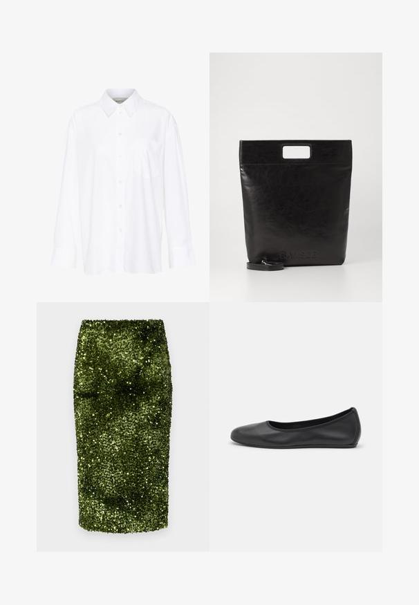 Cămașă albă cu mânecă lungă și guler, fabricată din bumbac. Are un închidere cu băta pe față și un singur buzunar pe piept. Textură netedă, croială lejeră.; Fustă creion verde cu paiete, cu o siluetă ajustată. Fabricată din material cu paiete, având o suprafață texturată și un design de lungime medie.; Balerini din piele neagră, cu vârf rotund, textură netedă, detalii de cusătură minimale și un design al tălpii flexibil.; Geantă tote din piele neagră, cu un mâner pătrat, având un finisaj texturat și un logo embosat. Include o curea detasabilă.