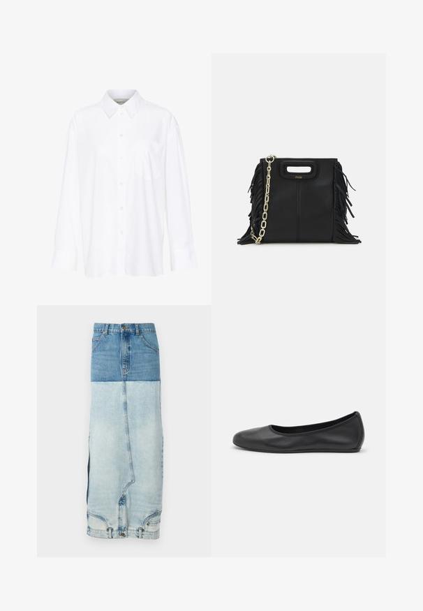 Baltais garo piedurkņu krekls ar apkakli, izgatavots no kokvilnas. Aprīkots ar pogu aizdari priekšā un vienu krūšu kabatu. Gluda tekstūra, brīvs piegriezums.; A.W.A.K.E. MODE MIRROR EFFECT SKIRT - Džinsa auduma svārki - blue; Melna ādas baleta kurpe ar noapaļotu purngalu, gludu tekstūru, minimālu šuvju detalizāciju un elastīgu zoles dizainu.; Melna ādas rokassoma ar frizūras detaļām, zelta ķēdes plecu siksnu un izgrieztu rokturi. Ir logotipa novietojums priekšpusē.