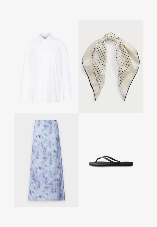 Weißes Langarmhemd mit Kragen aus Baumwolle. Verfügt über eine durchgehende Knopfleiste und eine Brusttasche. Glatte Textur, lockere Passform.; Ein langer, hellblauer Rock mit einem verschwommenen, dunkelblauen Muster. Der Stoff wirkt weich mit einer glatten Textur und einem schlichten Design.; Schwarze Flip-Flops mit einer strukturierten Gummisohle, zwei schlanken Riemen und einem dezenten, geprägten Logo-Detail auf dem Riemen.; Seidenschal mit einem cremfarbenen Hintergrund und marineblauen Punkten, in der Mitte gebunden; marineblauer Rand; enthält den Text "Lauren Ralph Lauren."