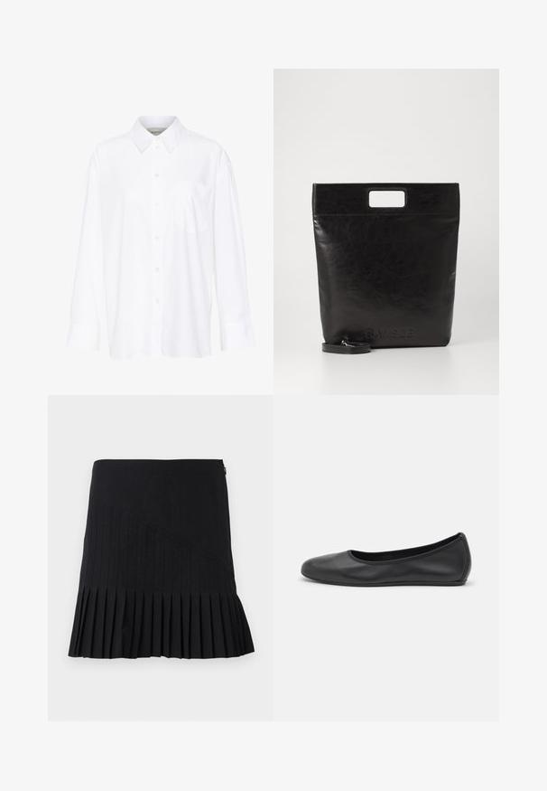 White long-sleeve collared shirt made of cotton. Features a button-down front and a single chest pocket. Smooth texture, relaxed fit.; Black pleated skirt featuring stitched diagonal panels, a fitted waist, and a flared hem. Materials appear lightweight and smooth.; Black leather ballet flat with a rounded toe, smooth texture, minimal stitching detail, and a flexible sole design.; Black leather tote bag with a square handle, featuring a textured finish and embossed logo. Includes a detachable strap.