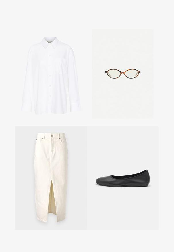 Bílá košile s dlouhým rukávem a límečkem vyrobená z bavlny. Má knoflíkovou přední část a jedno kapsičku na prsou. Hladký povrch, volný střih.; Bílá džínsová sukně s předním rozparkem, vysokým pasem, poutky na opasek a klasickým designem s pěti kapsami. Texturovaná látka se švy.; Černé kožené baletní byty s kulatou špičkou, hladkou texturou, minimálními švy a flexibilním designem podrážky.; Želvovinové brýle s oválnými čočkami a hladkým, jemným povrchem. Má tenké bočnice s jemným zakřivením v chrámcích. Čiré čočky.