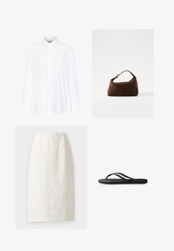 Fehér, hosszú ujjú, galléros ing, amely pamutból készült. Gombos elülső része és egyetlen mellzsebe van. Simított textúra, laza szabás.; Térd alá érő fehér szoknya, textúrált virágmintával, kiemelkedő rózsaformákkal és finom fényeléssel. Egyszerű, egyenes sziluett.; Fekete papucs texturált gumitalppal, két vékony pánttal és finom, domború logóval a pánton.; Barna velúr táska ívelt formával, rövid fogantyúval és arany kiegészítőkkel. Simaság és minimalista dizájn jellemzi.