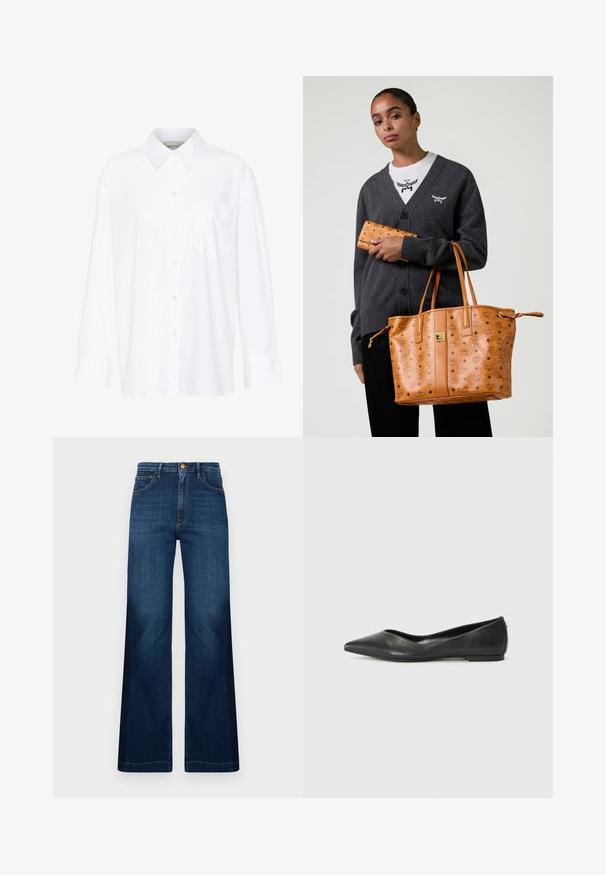 White long-sleeve collared shirt made of cotton. Features a button-down front and a single chest pocket. Smooth texture, relaxed fit.; White cotton t-shirt featuring a small black logo with wings and "MCM" at the center front. Short sleeves and crew neck design.; Wide-leg dark blue jeans made of denim, featuring a high waist, front pockets, and contrasting orange stitching details.; Black leather ballet flat with a pointed toe, low heel, and smooth texture. Minimal design with a subtle side accent.; Woman wearing dark gray cardigan and white shirt, holding tan leather tote bag and matching wallet with logo print.; Tan leather wallet with black MCM logos, featuring a flap closure and diamond pattern accents. Textured surface with stitched edges.