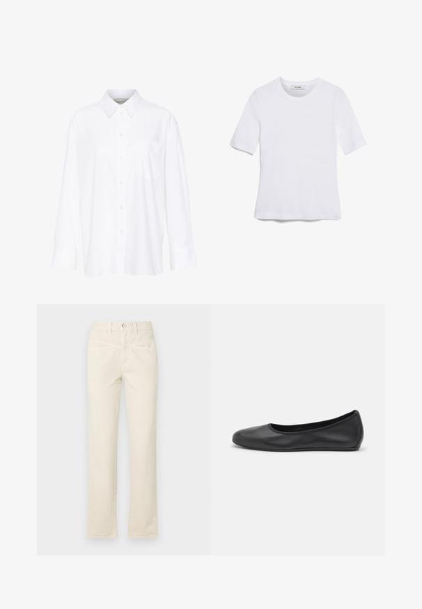Hvit langermet skjorte med krage laget av bomull. Den har en knappestolpe foran og en enkelt brystlomme. Glatt tekstur og avslappet passform.; Hvit kortermet t-skjorte laget av ribbestrikket materiale. Rund hals, vanlig passform og subtile sømdetaljer. Ingen mønstre eller grafikk.; Beige bomullsbukser med rett ben-design, med knappelukking og subtile frontlommer. Bunnkanten har en liten frynsedetalj.; Svart skinnballettflatt med rund tå, glatt tekstur, minimal sømdetalj, og et fleksibelt såledesign.