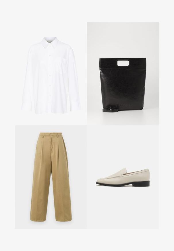 Hvit langermet skjorte med krage laget av bomull. Den har en knappestolpe foran og en enkelt brystlomme. Glatt tekstur og avslappet passform.; Beige vide bukser laget av en bomullsblanding, med flat front og folder, knappestenging og en glatt overflate.; Beige lær slip-on loafers med et strømlinet design, mandelformet tå, minimal søm og en lav sort hæl. Glat tekstur.; Svart lær tote veske med firkantet håndtak, med teksturert overflate og preget logo. Inkluderer en avtagbar stropp.