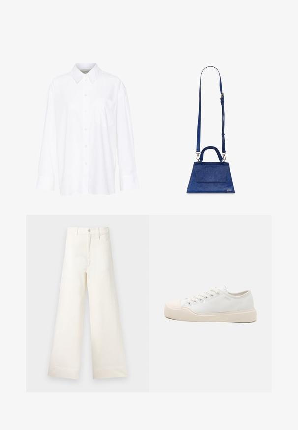 Valge pika käisega krae särg, mis on valmistatud puuvillast. Omab nööbipaneeli esiosa ja ühte rinna taskut. Sujuv tekstuur, vabalt lõigatud.; Laiad püksid heleses puuvillas. Omavad kõrget vööd, ees on taskud ja sirge lõige. Puhtad ääred ilma mustriteta.; Valged kanvas jooksujalatsid siledast, paksust kummist tallast, ümarast varbast ja tagasihoidlikest õmblustest. Sidumisdisain kuue auguga.; Sinine kunstnahast kott, millel on kolmnurkne kuju, ülemine käepide ja reguleeritav õlarihm. Omab siledat tekstuuri ja esiküljel klappi.