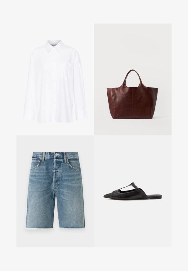 Biela košeľa s dlhým rukávom a golierom vyrobená z bavlny. Má zapínanie na gombíky vpredu a jednu náprsníku vrecko. Hladká textúra, voľný strih.; Svetlomodré rifľové šortky s roztrhnutým lemom, dizajnom s piatimi vreckami, predným zapínaním na gombík a viditeľnými švovými detailmi.; Čierne kožené sandále so špičatou špičkou, ktoré majú tkaný detail a zborený dizajn vrchnej časti. Plochá podrážka s minimálnym hardvérom.; Hnedá kožená taška na rameno s hladkým povrchom, širokým telom a dvoma krátkymi uchami. Má minimálne šitie, bez viditeľných kovových častí alebo akcentov.