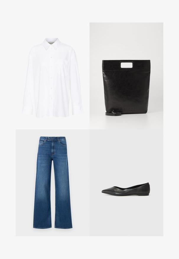 Valge pika käisega krae särg, mis on valmistatud puuvillast. Omab nööbipaneeli esiosa ja ühte rinna taskut. Sujuv tekstuur, vabalt lõigatud.; Tumedast siniseks värvitud kõrge talje ja laiad sääred teksad, millel on kahe nupuga sulgemine, ees olevad taskud ja puhas alläär ilma kaunistusteta.; Mustrist musta ballerina king, mille terav varvas, madal konts ja sile pind. Minimalistlik disain peene külgaktsentiga.; Must mustrikotest läikega must nahast kott ruudukujulise käepidemega, millel on tekstuuriga viimistlus ja reljeefne logo. Kohandatav rihm on eemaldatav.