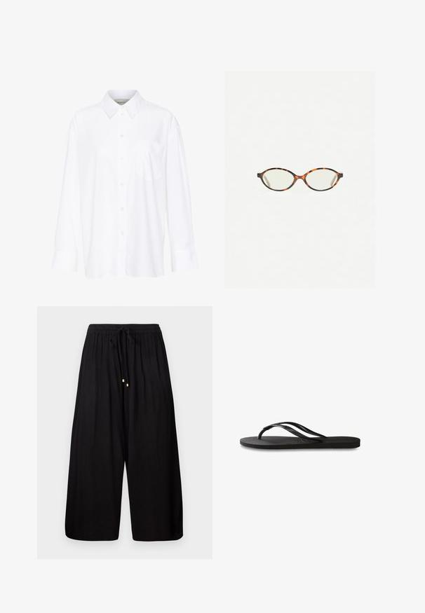 Biela košeľa s dlhým rukávom a golierom vyrobená z bavlny. Má zapínanie na gombíky vpredu a jednu náprsníku vrecko. Hladká textúra, voľný strih.; Čierne široké nohavice vyrobené z textúrovanej látky. Obsahujú elastický pás s šnúrkou na stiahnutie a zlaté akcenty na koncoch.; Čierne žabky s textúrovanou gumovou podrážkou, dvoma štíhlymi popruhmi a diskrétnym embosovaným logom na popruhu.; Korytnačkové okuliare s oválnymi šošovkami a hladkým, lesklým povrchom. Majú tenké strany s jemným zakrivením na spánkoch. Priehľadné šošovky.