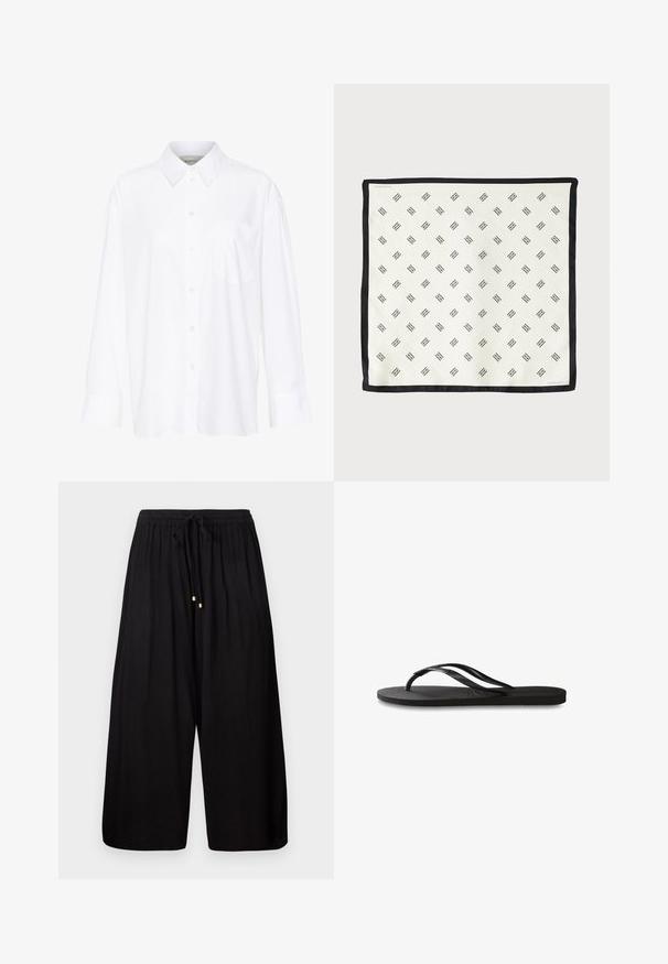 Baltais garo piedurkņu krekls ar apkakli, izgatavots no kokvilnas. Aprīkots ar pogu aizdari priekšā un vienu krūšu kabatu. Gluda tekstūra, brīvs piegriezums.; Melnas plašās bikses, kas izgatavotas no teksturēta auduma. Ieskaitītas elastīgas jostas ar auklu un zelta krāsas akcentiem galos.; Melni čības ar teksturētu gumijas zoli, divām plānām siksniņām un smalku, iespiedotu logotipa detaļu uz siksniņas.; Balts zīda šalle ar atkārtotu melnu ģeometrisku rakstu, aplīmēta ar solidu melnu maliņu. Viegls ar gludu tekstūru.