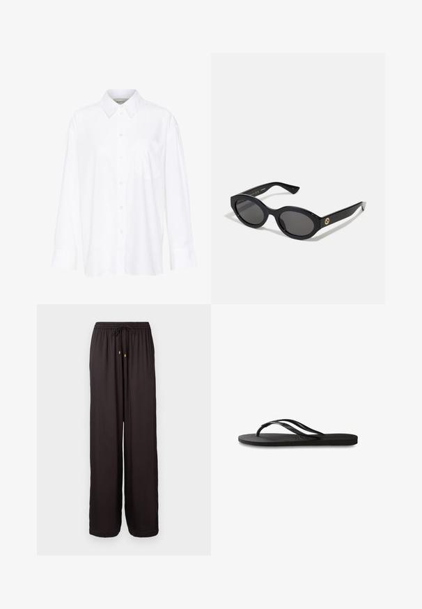 Balta ilgomis rankovėmis marškiniai su apykakle, pagaminti iš medvilnės. Su mygtukų užsegimu priekyje ir viena krūtinės kišenė. Lygus paviršius, laisvas siluetas.; Laisvi juodi kelnių su elastinga juosmena ir raišteliu su auksinėmis galiukais, viso ilgio ir tiesaus kirpimo kojos.; Juodos šlepetės su tekstūruotu guminio pado, dviem siauromis dirželių ir subtiliu, įspaustu logotipo detalė ant dirželio.; Juodos ovalios saulės akinių su tamsiais lęšiais ir blizgia plastiko apvadu. Su auksiniu logotipu ant šventyklos, siūlo elegantišką ir modernų dizainą.; Juodas odinis rankinukas su struktūrine stačiakampio forma. Yra auksinė ovali sagtis ir plona petneša. Glotni tekstūra.