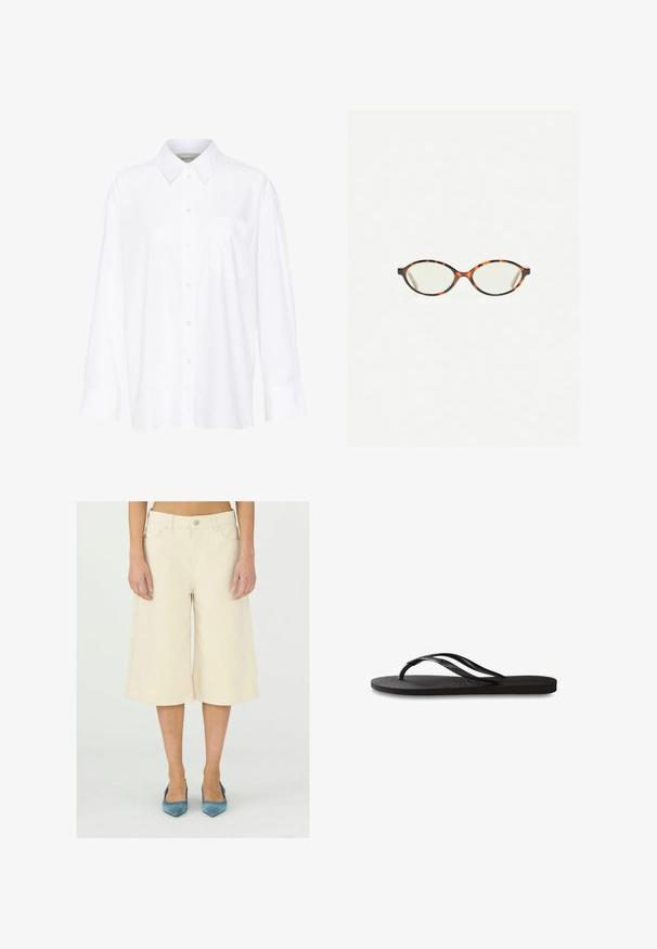 Fehér, hosszú ujjú, galléros ing, amely pamutból készült. Gombos elülső része és egyetlen mellzsebe van. Simított textúra, laza szabás.; Beige, vágott széles lábú nadrág denimből, gombos derékpánttal, övhurkokkal és elülső zsebekkel; sima, egyenletes textúrájú.; Fekete papucs texturált gumitalppal, két vékony pánttal és finom, domború logóval a pánton.; Tortábar színű szemüveg ovális lencsékkel és sima, elegáns felülettel. Vékony szárakkal rendelkezik, amelyeken finom ív található a halántéknál. Átlátszó lencsék.