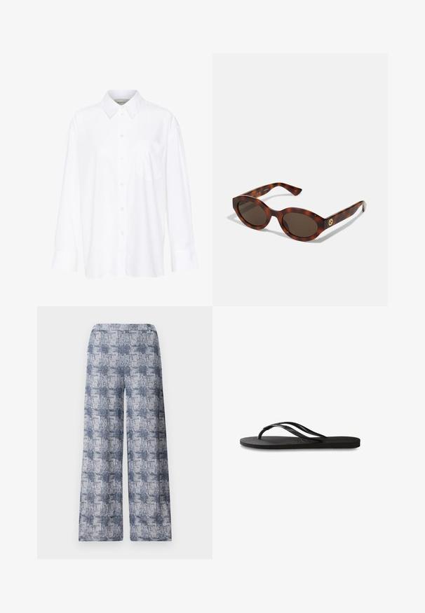 Baltais garo piedurkņu krekls ar apkakli, izgatavots no kokvilnas. Aprīkots ar pogu aizdari priekšā un vienu krūšu kabatu. Gluda tekstūra, brīvs piegriezums.; Platas kājas bikses ar zilu un baltu abstraktu rakstu, kurām ir maiga tekstūra un elastīgs jostasvieta, kas nodrošina komfortu un ērtību valkāšanā.; Melni čības ar teksturētu gumijas zoli, divām plānām siksniņām un smalku, iespiedotu logotipa detaļu uz siksniņas.; Tortoise krāsas saulesbrilles ar noapaļotiem ietvariem, tumšiem stikliem un zelta logotipa detaļām uz tempļiem. Gluda plastmasas materiāls, bez redzamām rakstu formām.; Melnas ādas rokassomu ar strukturētu taisnstūra formu. Iespējas zelta ovāla slēdzis un plāns plecu siksna. Gluda tekstūra.