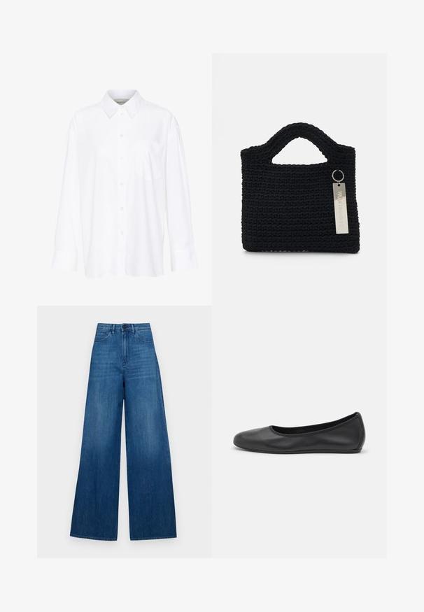 Bijela košulja dugih rukava s kragnom, izrađena od pamuka. Ima kopčanje s gumbima sprijeda i jednu džep na prsima. Glatka tekstura, ležeran kroj.; Široke traperice u plavoj boji s visokim strukom, dizajn s pet džepova, čista završna obrada i suptilno blijeđenje. Nema vidljivih oznaka ili ukrasa.; Crne kožne baletanke s zaobljenim vrhom, glatke teksture, minimalnim detaljima šavova i fleksibilnim dizajnom potplata.; Won Hundred MARSIELLE COMPUTER BAG UNISEX - Torba za prijenosno računalo - black