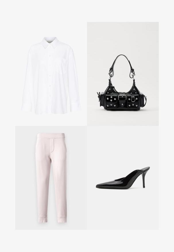 Camisa blanca de manga larga y cuello hecha de algodón. Presenta un cierre de botones en la parte delantera y un bolsillo en el pecho. Textura suave, ajuste relajado.; Pantalones de chándal de color rosa claro, hechos de un material suave, con una cintura elástica, bolsillos laterales y puños acanalados en los tobillos.; Mule de charol negro con tacón alto, punta afilada y una silueta elegante, con un escote abierto en la parte posterior y un tacón de aguja delgado.; Bolso de mano de cuero negro con un diseño curvado, que cuenta con tachuelas plateadas, una hebilla y dos bolsillos laterales. Correa ajustable para opciones de transporte.