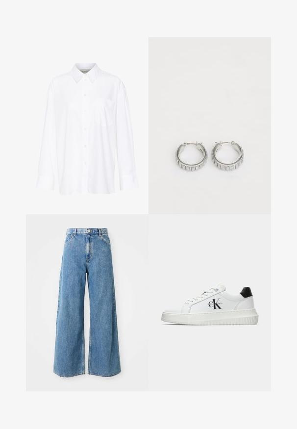 Λευκή μακρυμάνικη πουκάμισο με γιακά, κατασκευασμένη από βαμβάκι. Διαθέτει κουμπιά μπροστά και μία τσέπη στο στήθος. Απαλή υφή, χαλαρή εφαρμογή.; Πολυάριθμα τζιν παντελόνια με ψηλή μέση σε ανοιχτό μπλε απόδοση, ευρύ κομμάτι, με μπροστινό κουμπί, φερμουάρ και μπροστινές τσέπες σε λευκό φόντο.; Λευκό αθλητικό παπούτσι χαμηλού προφίλ με μαύρη ταμπέλα στη φτέρνα, πλατφόρμα, κορδόνια και λογότυπο "CK" της Calvin Klein στο πλάι.; Ασημένια σκουλαρίκια κρίκοι με υφή που διαθέτει κατακόρυφες ραβδώσεις. Κυκλικός σχηματισμός με ασφαλές κλείσιμο. Λείος φινίρισμα.