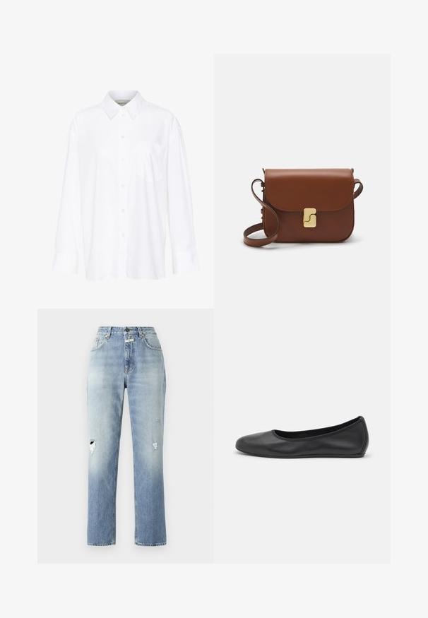 Baltais garo piedurkņu krekls ar apkakli, izgatavots no kokvilnas. Aprīkots ar pogu aizdari priekšā un vienu krūšu kabatu. Gluda tekstūra, brīvs piegriezums.; Gai zili džinsi ar augstu jostasvietu un taisnu kāju. Iezīmējas ar nodilušām detaļām uz abām ceļgaliem un klasisku piecu kabatu dizainu.; Melna ādas baleta kurpe ar noapaļotu purngalu, gludu tekstūru, minimālu šuvju detalizāciju un elastīgu zoles dizainu.; Bordo ādas rokas soma ar atloku, zeltītām detaļām, plecu siksnu un gludu virsmu. Kompakta, taisnstūrveida forma.