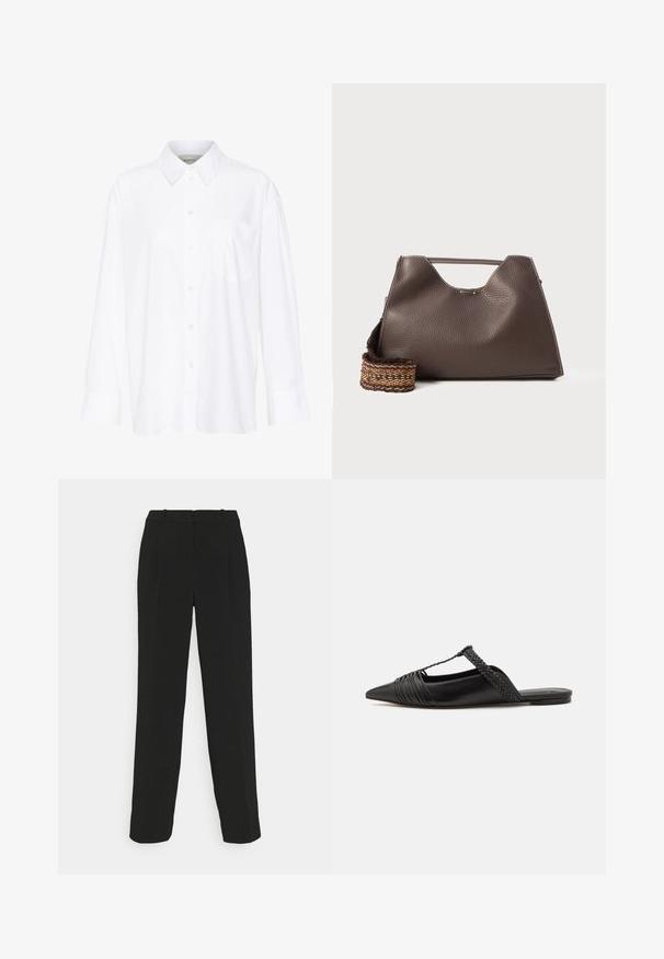 Weißes Langarmhemd mit Kragen aus Baumwolle. Verfügt über eine durchgehende Knopfleiste und eine Brusttasche. Glatte Textur, lockere Passform.; Schwarze, maßgeschneiderte Hose mit geradem Bein, hoher Taille, Falten und glattem Stoff.; Schwarzer Leder-Slingback-Schuh mit spitzem Zehenbereich, ausgestattet mit einem geflochtenen Akzent und einem gefalteten Oberdesign. Flache Sohle mit minimalem Zubehör.; Braune Lederhandtasche mit strukturiertem Finish, kantigem Design und einem markanten oberen Griff. Verfügt über ein gemustertes, geflochtenes Riemendetail.