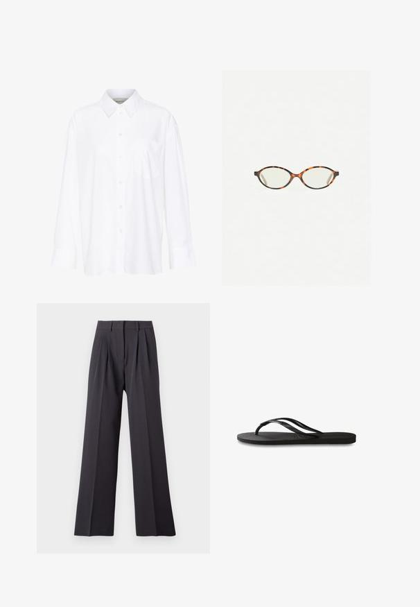 Chemise blanche à manches longues avec col, en coton. Présente un devant à boutons et une poche poitrine unique. Texture lisse, coupe décontractée.; Pantalon large en tissu gris foncé. Comprend des plis à la taille, une ceinture ajustée et une texture lisse. Pas de motifs visibles ni de matériel.; Tongs noires avec une semelle en caoutchouc texturée, deux fines lanières et un détail de logo embossé subtil sur la lanière.; Lunettes en écaille de tortue avec des verres ovales et une finition lisse et élégante. Présente des branches fines avec une courbure subtile au niveau des tempes. Verres transparents.