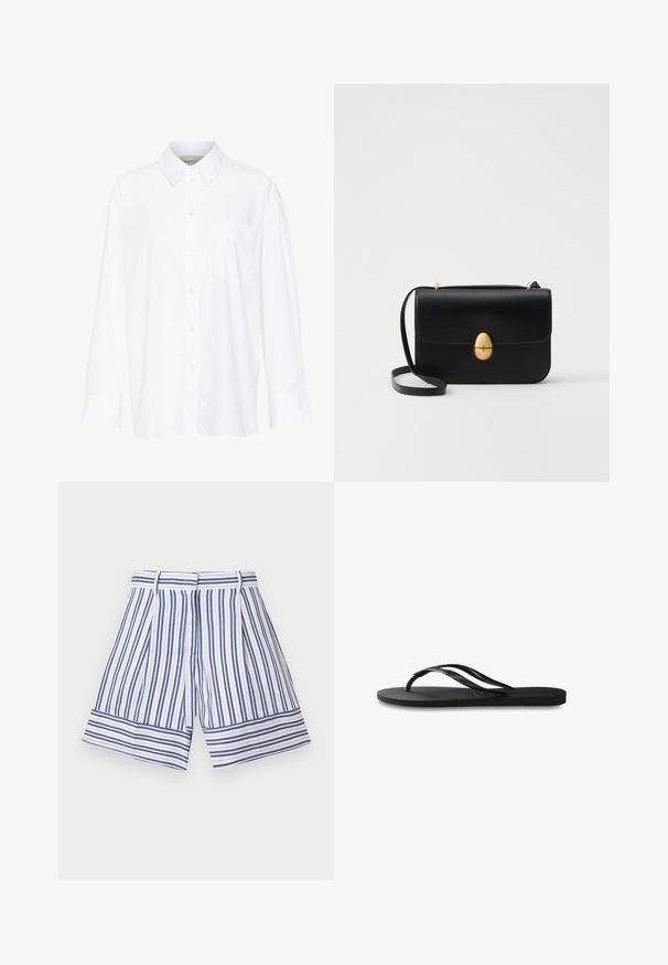 White long-sleeve collared shirt made of cotton. Features a button-down front and a single chest pocket. Smooth texture, relaxed fit.; Striped shorts featuring blue and white vertical lines, with a wide hem and pleated front design. Made of lightweight fabric.; Black flip-flop featuring a textured rubber sole, two slender straps, and a subtle, embossed logo detail on the strap.; Black leather handbag with a structured rectangular shape. Features a golden oval clasp and a thin shoulder strap. Smooth texture.