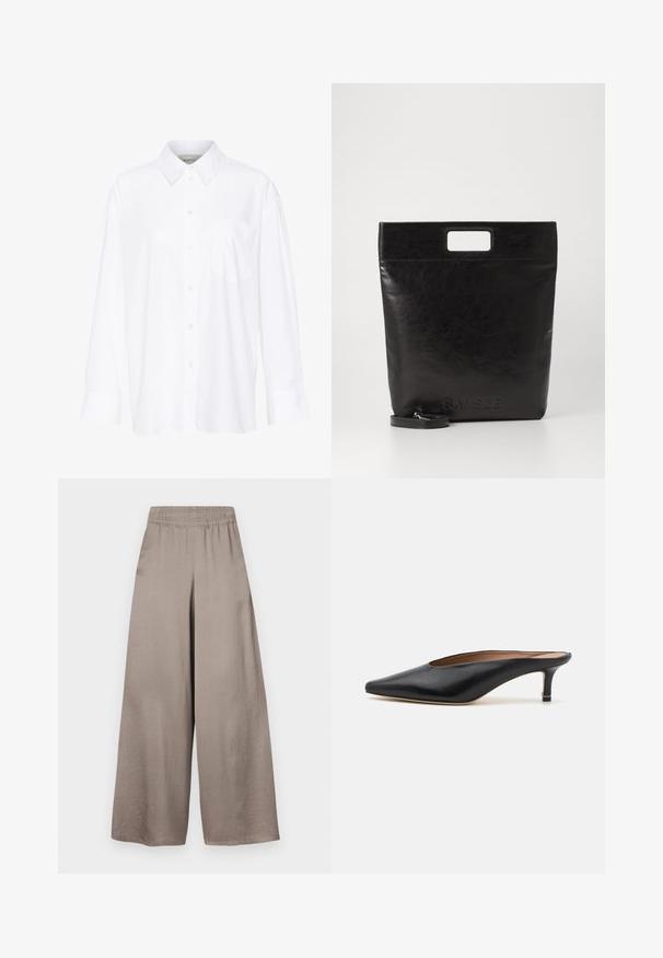 Chemise blanche à manches longues avec col, en coton. Présente un devant à boutons et une poche poitrine unique. Texture lisse, coupe décontractée.; Pantalons larges en tissu taupe clair avec une taille élastique, présentant une texture lisse et un design minimaliste.; Mules en cuir noir avec un bout pointu et un petit talon carré. Texture lisse avec un design épuré. Dos ouvert avec un minimum de détails.; Sac fourre-tout en cuir noir avec une poignée carrée, arborant une finition texturée et un logo en relief. Comprend une bandoulière amovible.