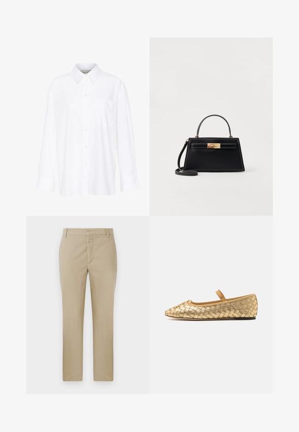 Camicia bianca a maniche lunghe con colletto in cotone. Caratterizzata da una chiusura con bottoni e una tasca sul petto singola. Tessuto liscio, vestibilità comoda.; Pantaloni beige a gamba dritta, realizzati in tessuto morbido. Presentano una chiusura con zip e passanti per la cintura; cuciture minimal e senza motivi visibili.; Loeffler Randall LEONIE SOFT BALLET FLAT - Ballerine con cinturino - gold; Borsa a tracolla nera in pelle con una forma trapezoidale strutturata, chiusura in ottone dorato e cuciture bianche a contrasto. Include una maniglia corta e una tracolla lunga.