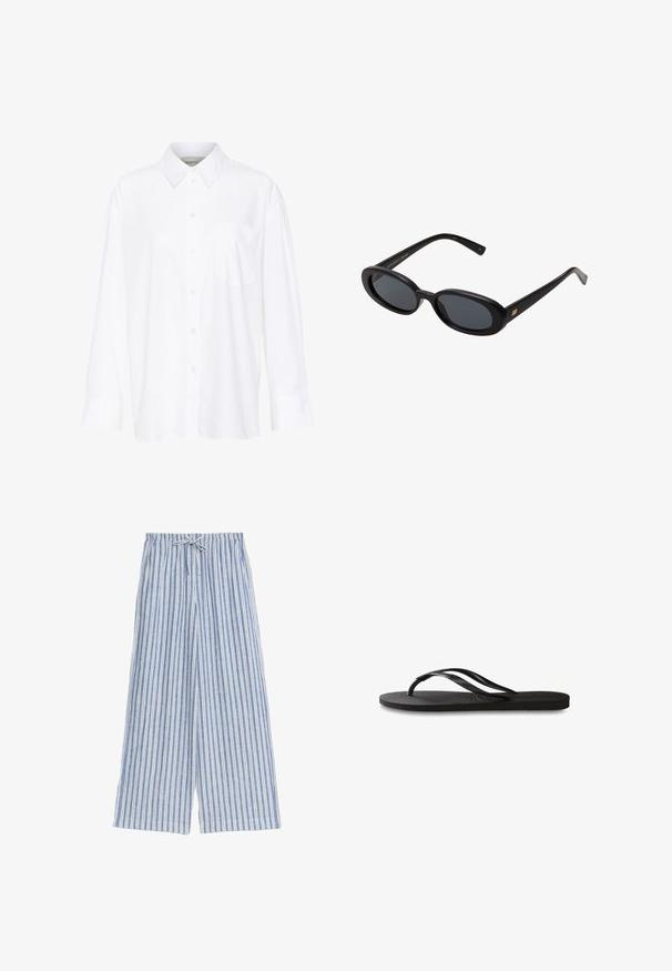 Biała, długosleeve'owa koszula z kołnierzykiem, wykonana z bawełny. Posiada zapięcie na guziki z przodu oraz jedną kieszeń na piersi. Gładka tekstura, luźny krój.; Niebieskie i białe pasiaste spodnie szerokie w nogawkach z elastycznym paskiem, wykonane z lekkiego materiału, z pionowymi paskami i luźnym krojem.; Czarne klapki z teksturowaną gumową podeszwą, dwiema smukłymi paskami oraz subtelnym, wytłoczonym logo na pasku.; Czarne, oversize okulary przeciwsłoneczne z owalnymi soczewkami, gładkim plastikowym mostkiem i złotymi akcentami na zausznikach. Ciemne soczewki zapewniają ochronę przed słońcem.