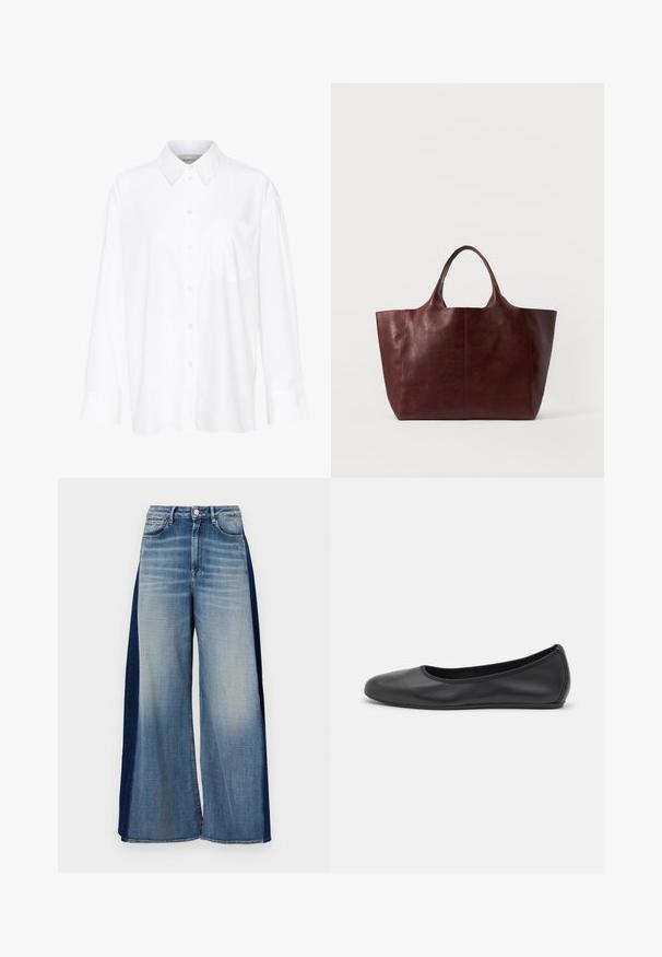White long-sleeve collared shirt made of cotton. Features a button-down front and a single chest pocket. Smooth texture, relaxed fit.; Wide-leg denim jeans featuring a two-tone design, light blue front and dark blue side panels, with a classic waistband and a button closure.; Black leather ballet flat with a rounded toe, smooth texture, minimal stitching detail, and a flexible sole design.; Brown leather tote bag with a smooth texture, wide body, and two short handles. Features minimal stitching, no visible hardware or accents.