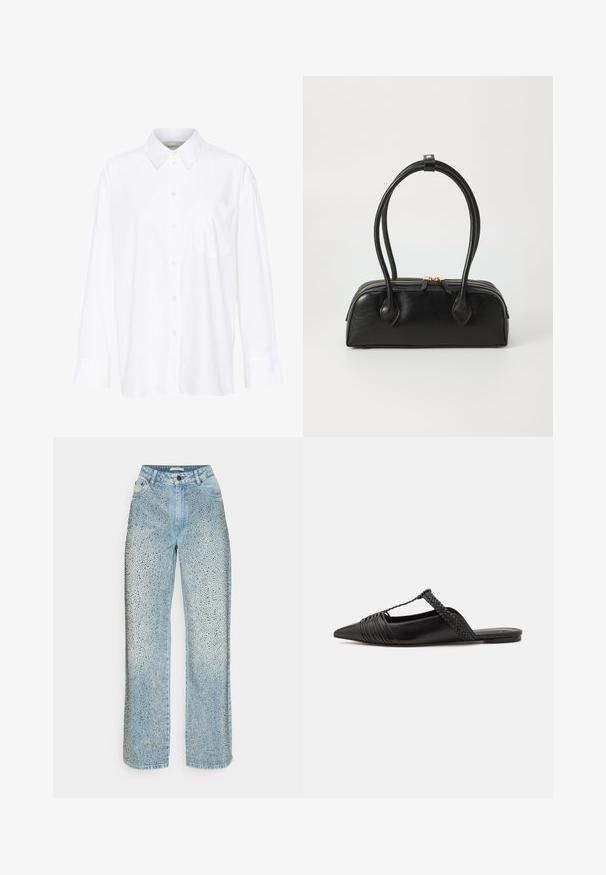 Valge pika käisega krae särg, mis on valmistatud puuvillast. Omab nööbipaneeli esiosa ja ühte rinna taskut. Sujuv tekstuur, vabalt lõigatud.; Hele sinise denimi kitsad jalad, millel on gradientmuster väikestest mustadest punktidest, funktsionaalsed taskud ja nup closure.; Must kuulsad nahast kandadega kingad, millel on terav nina, koos kootud detaili ja volditud ülaosaga. Lame tald minimaalse riistvaraga.; Must mustroheline nahast käekott kahe pikema käepidemega, lukuga ja ümar kuju; sile tekstuur kerge läikiva viimistlusega.