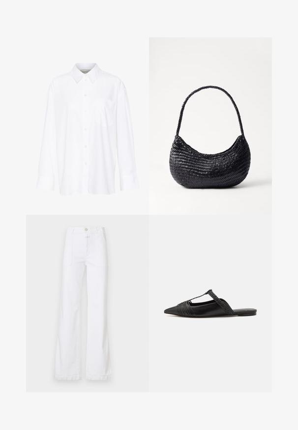 Fehér, hosszú ujjú, galléros ing, amely pamutból készült. Gombos elülső része és egyetlen mellzsebe van. Simított textúra, laza szabás.; Fehér farmernadrág, magas derékkal, széles szárú kialakítással, elülső zsebekkel és látható varratokkal. Az anyag sima, matt felületű.; Fekete bőr slingback cipő hegyes orral, szőtt díszítéssel és redőzött felső dizájnnal. Lapos talp minimális hardverrel.; DRAGON DIFFUSION NOVA LUNA - Kézitáska - black