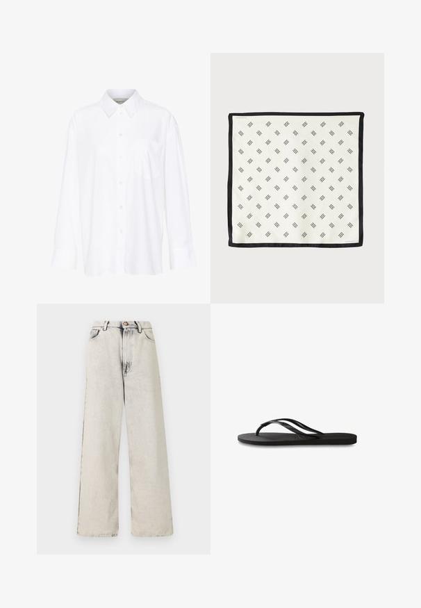 White long-sleeve collared shirt made of cotton. Features a button-down front and a single chest pocket. Smooth texture, relaxed fit.; Wide-leg jeans in a light beige color with faded, distressed accents. Features five pockets and a metal button closure at the waist.; Black flip-flop featuring a textured rubber sole, two slender straps, and a subtle, embossed logo detail on the strap.; White silk scarf featuring a repeating black geometric pattern, bordered with a solid black edge. Lightweight with a smooth texture.
