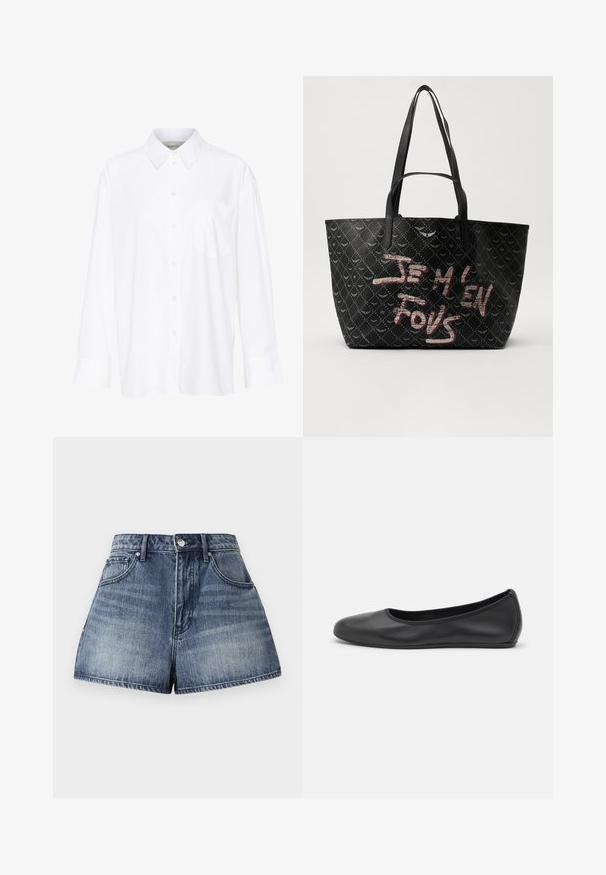Bela dolga majica s kragnico iz bombaža. Ima gumbno zapenjanje spredaj in eno žep na prsih. Gladka tekstura, sproščen kroj.; Hlače s visokim pasom iz jeansa izdelane iz modro opranega blaga. Imajo pet žepov, sprednjo zaponko in rahlo uničen videz.; Črne usnjene balerinke z zaobljenim nosom, gladko teksturo, minimalnimi šivi in fleksibilno zasnovo podplata.; Črna torba z ramenskimi trakovi, izdelana iz teksturiranega materiala z diamantom vzorcem, ter drznim rdečim in belim besedilom "JE M'EN FOUS."