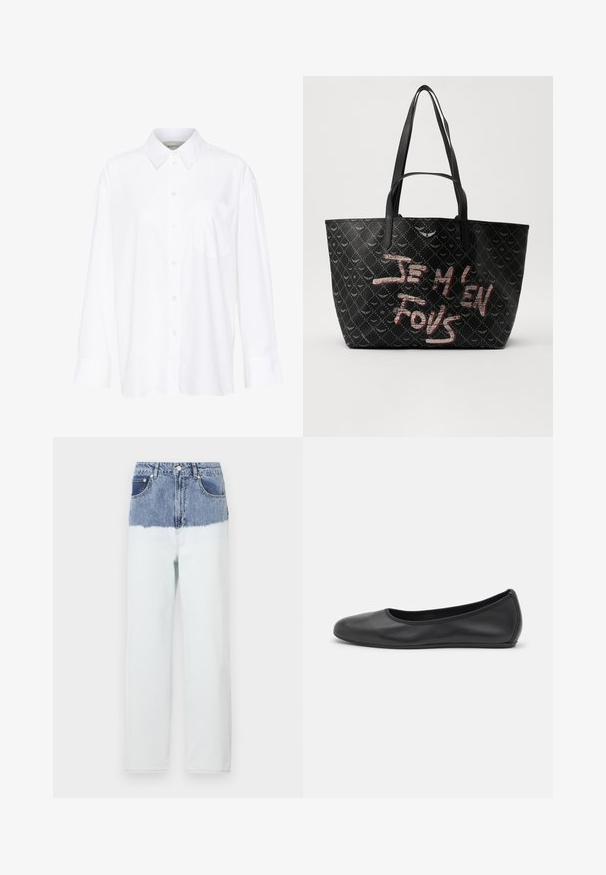 Camisa blanca de manga larga y cuello hecha de algodón. Presenta un cierre de botones en la parte delantera y un bolsillo en el pecho. Textura suave, ajuste relajado.; Pantalones de mezclilla con una sección superior azul que se desvanece en una parte inferior azul más clara. Presenta cinco bolsillos, un cierre de botón y un diseño de pierna recta.; Bailarina de piel negra con punta redondeada, textura suave, detalle de costura minimalista y diseño de suela flexible.; Bolsa tote negra con material texturizado que presenta un patrón de diamantes, asas para el hombro y un texto en rojo y blanco que dice “JE M'EN FOUS.”