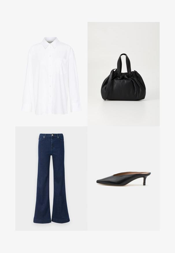 Weißes Langarmhemd mit Kragen aus Baumwolle. Verfügt über eine durchgehende Knopfleiste und eine Brusttasche. Glatte Textur, lockere Passform.; Dunkelblaue Schlagjeans aus Denim, mit einem hohen Bund, subtilen Abnutzungserscheinungen und goldenen Beschlägen an den Fronttaschen und dem Verschluss.; Schwarze Leder-Mules mit spitzem Zehenbereich und niedrigem Blockabsatz. Glatte Textur mit elegantem Design. Offene Rückseite mit minimaler Gestaltung.; Schwarze Lederhandtasche mit einem gerafften Oberteil, ausgestattet mit zwei kurzen Griffen und einem langen verstellbaren Schulterriemen. Glatte Textur, runde Form.