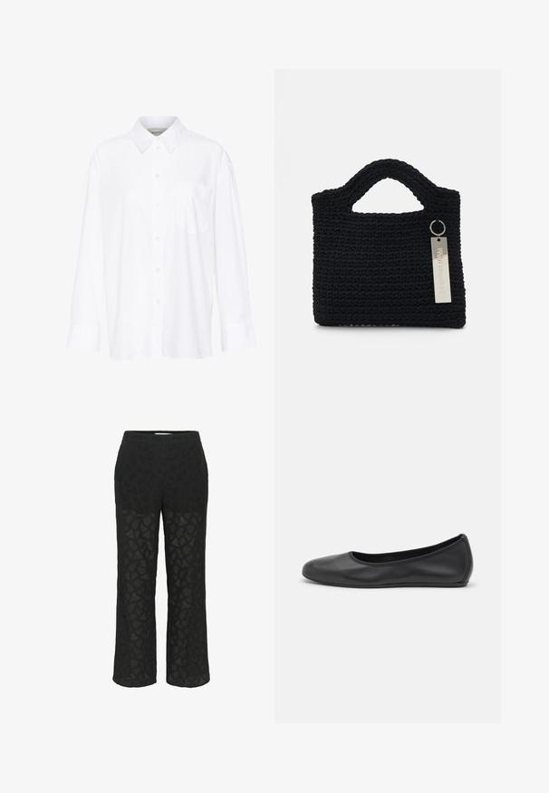 Bela dolga majica s kragnico iz bombaža. Ima gumbno zapenjanje spredaj in eno žep na prsih. Gladka tekstura, sproščen kroj.; Črne čipkaste hlače s povezanimi vzorci, širokimi nogami in mehkimi pasom, z prosojnimi deli za dodatno teksturo.; Črne usnjene balerinke z zaobljenim nosom, gladko teksturo, minimalnimi šivi in fleksibilno zasnovo podplata.; Won Hundred MARSIELLE COMPUTER BAG UNISEX - Torba za prenosnik - black