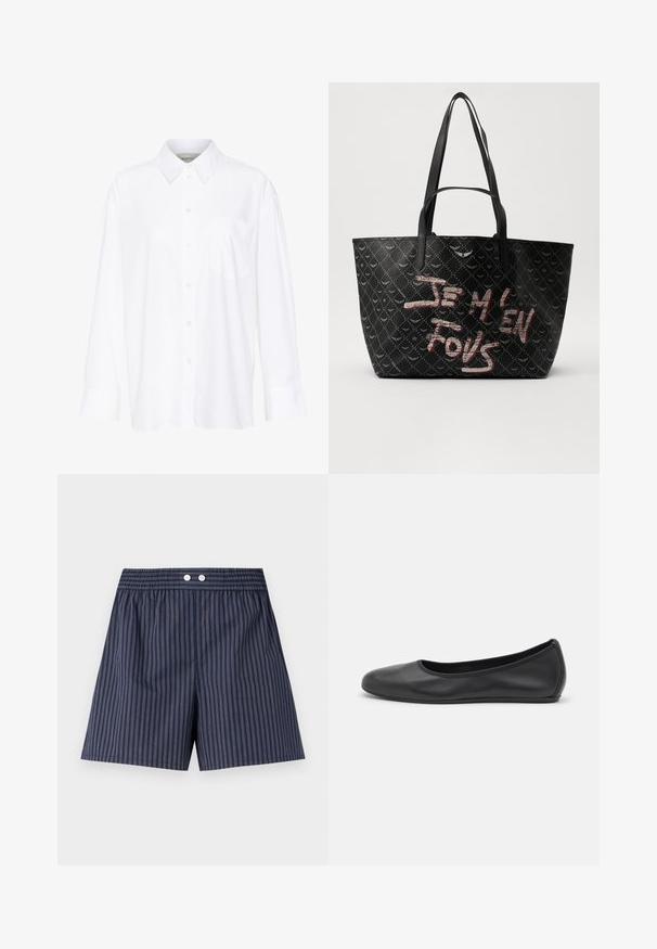 Camisa blanca de manga larga y cuello hecha de algodón. Presenta un cierre de botones en la parte delantera y un bolsillo en el pecho. Textura suave, ajuste relajado.; Pantalones cortos a rayas azul marino con cinturilla elástica, que presentan dos botones blancos en la parte delantera, hechos de una tela ligera.; Bailarina de piel negra con punta redondeada, textura suave, detalle de costura minimalista y diseño de suela flexible.; Bolsa tote negra con material texturizado que presenta un patrón de diamantes, asas para el hombro y un texto en rojo y blanco que dice “JE M'EN FOUS.”