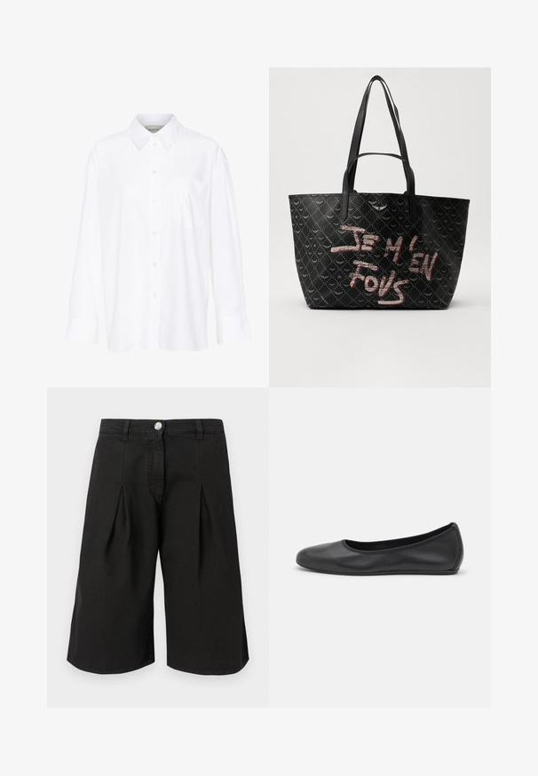 Hvid langærmet skjorte med krave lavet af bomuld. Har en knaplukning fortil og en enkelt brystlomme. Glat tekstur, afslappet pasform.; Sorte knæ-lange shorts fremstillet af en bomuldsblanding. Har folder, en frontknaplukning og et klassisk taljedesign.; Sort læderballetsko med rund tå, glat tekstur, minimal syning og et fleksibelt såldesign.; Sort tote bag med tekstureret materiale, der har et diamantmønster, skulderremme og fed rød og hvid tekst, der står "JE M'EN FOUS."