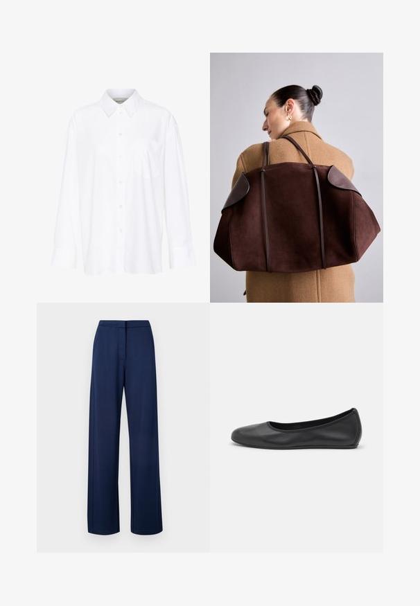 Bílá košile s dlouhým rukávem a límečkem vyrobená z bavlny. Má knoflíkovou přední část a jedno kapsičku na prsou. Hladký povrch, volný střih.; Tmavě modré, široké kalhoty vyrobené z měkké, elastické tkaniny, s hladkým páskem a diskrétními bočními kapsami.; Černé kožené baletní byty s kulatou špičkou, hladkou texturou, minimálními švy a flexibilním designem podrážky.; Hnědá semišová kabelka s tmavými koženými akcenty, s kostrou tvaru a dvojitými rukojeťmi, držena přes rameno proti béžovému kabátu.