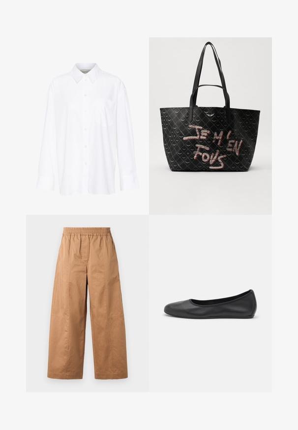 White long-sleeve collared shirt made of cotton. Features a button-down front and a single chest pocket. Smooth texture, relaxed fit.; Weekend Max Mara MILVA - Trousers - earth; Black leather ballet flat with a rounded toe, smooth texture, minimal stitching detail, and a flexible sole design.; Black tote bag with textured material featuring a diamond pattern, shoulder straps, and bold red and white text reading “JE M'EN FOUS.”