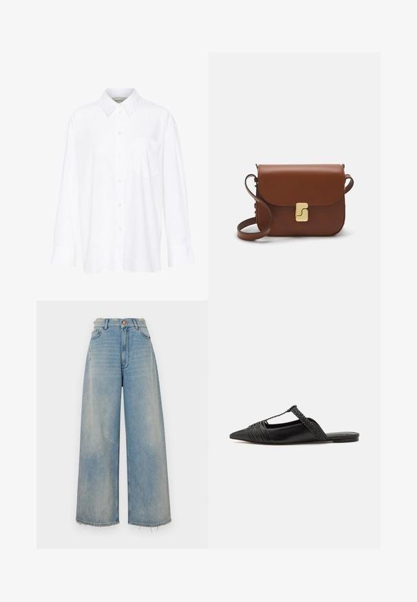 Balta ilgomis rankovėmis marškiniai su apykakle, pagaminti iš medvilnės. Su mygtukų užsegimu priekyje ir viena krūtinės kišenė. Lygus paviršius, laisvas siluetas.; Šviesiai mėlynos džinsinės plačios kojos kelnės su nusidėvėjusiu kraštu, penkiomis kišenėmis ir mygtuko užsegimu. Priekyje yra lengvas nusidėvėjimas.; Juodos odinės slingback bateliai su smailiu pirštu, turintys audinį akcentą ir raukšlėtą viršutinį dizainą. Lygus padas su minimaliais aksesuarais.; Ruda odinė rankinė su uždaromu dangteliu, aukso spalvos detalėmis, petneša ir lygiu paviršiumi. Kompaktiška stačiakampio formos.