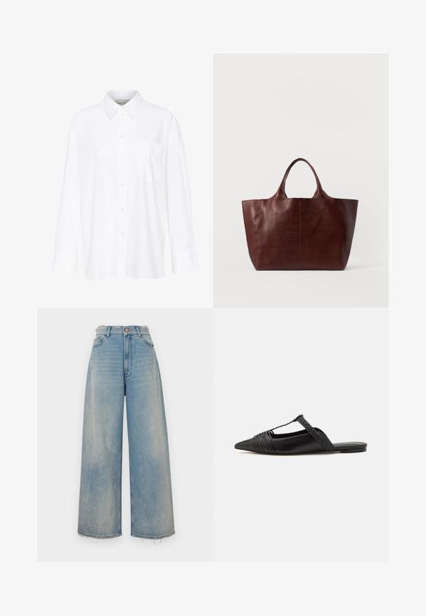 Biała, długosleeve'owa koszula z kołnierzykiem, wykonana z bawełny. Posiada zapięcie na guziki z przodu oraz jedną kieszeń na piersi. Gładka tekstura, luźny krój.; Jasnoniebieskie dżinsy typu wide-leg z postrzępionym dołem, pięcioma kieszeniami i zapięciem na guzik. Posiadają delikatne przetarcia z przodu.; Czarny skórzany but na odkrytej pięcie z pointed toe, ozdobiony plecionym akcentem i plisowanym wzorem górnej części. Płaska podeszwa z minimalnymi elementami.; Brązowa skórzana torba typu tote o gładkiej fakturze, szerokim korpusie i dwóch krótkich uchwytach. Charakteryzuje się minimalnym przeszyciem, bez widocznych elementów metalowych czy dekoracyjnych.