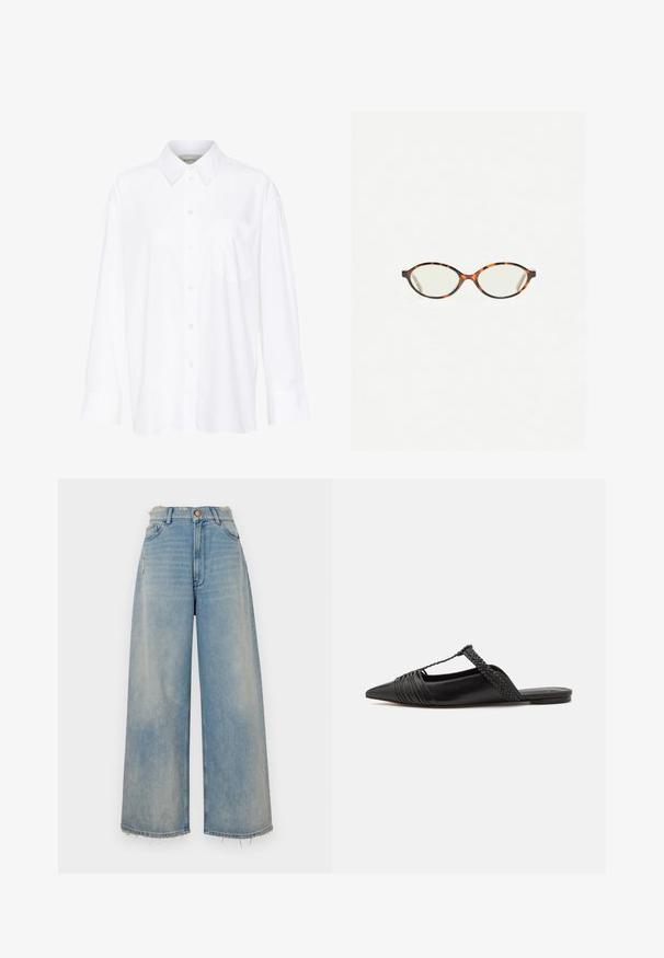 White long-sleeve collared shirt made of cotton. Features a button-down front and a single chest pocket. Smooth texture, relaxed fit.; Light blue denim wide-leg jeans with a frayed hem, five pockets, and a button closure. Features slight distressing on the front.; Black leather slingback shoe with a pointed toe, featuring a woven accent and pleated upper design. Flat sole with minimal hardware.; Tortoiseshell eyeglasses with oval lenses and a sleek, smooth finish. Features thin sides with a subtle curve at the temples. Clear lenses.