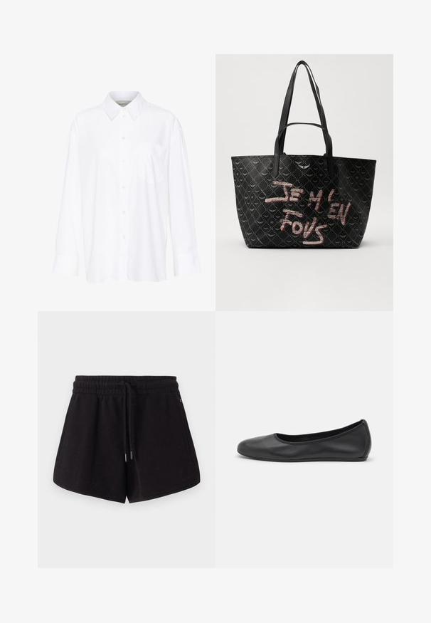 Bílá košile s dlouhým rukávem a límečkem vyrobená z bavlny. Má knoflíkovou přední část a jedno kapsičku na prsou. Hladký povrch, volný střih.; Černé sportovní šortky vyrobené z měkkého materiálu. Mají elastický pas s šňůrkou, boční kapsy a uvolněný střih.; Černé kožené baletní byty s kulatou špičkou, hladkou texturou, minimálními švy a flexibilním designem podrážky.; Černá taška přes rameno z texturovaného materiálu s diamantovým vzorem, ramenními popruhy a odvážným červeným a bílým nápisem "JE M'EN FOUS."